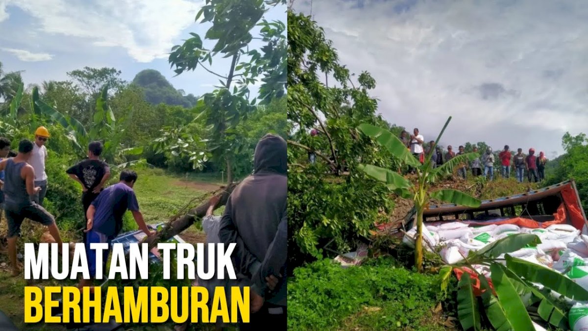 VIDEO: Truk Alami Kecelakaan di Jalan Poros Labakkang, Muatan Berhamburan