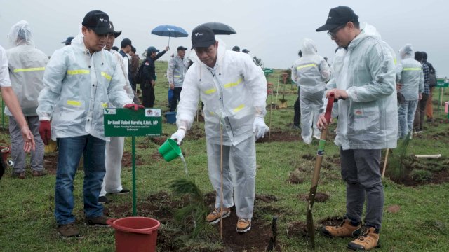 Direktur Jenderal Planologi Kehutanan dan Lahan Lingkungan Kementerian Lingkungan Hidup, Kehutanan dan Tata Lingkungan Dr Hanif Faisol Nurofiq bersama PT Vale tanam pohon di Lappa Laona. Foto: Istimewa