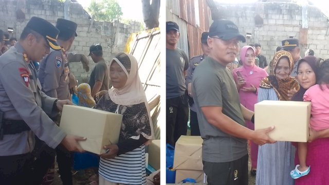 Kapolres Jeneponto AKBP Budi Hidayat (Kiri) dan Dandim 1425 Jeneponto, Letkol Inf Muhammad Amin (Kanan) serahkan paket sembako ke masyarakat kurang mampu (Dedi/sulselsatu).
