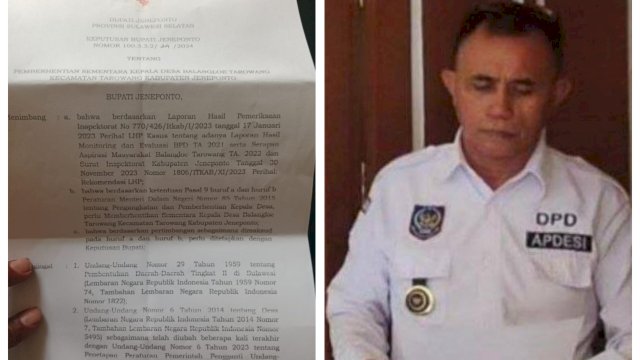 Kepala Desa Balang Loe Tarowang, Mansur (Kanan) dan Surat pemberhentian sementara (Kiri). (int).