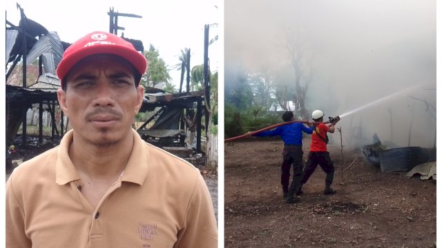 Kepala Lingkungan Kunjung Mange Timur, Agus Daeng Sembo (Kiri) dan Petugas Damkar Jeneponto berupaya padamkan api (Kanan) (Dedi/sulselsatu)