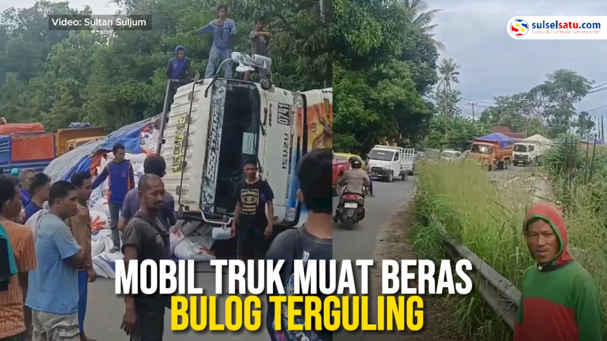 VIDEO: Mobil Truk Muat Beras Bulog Terguling di Poros Sidrap-Parepare