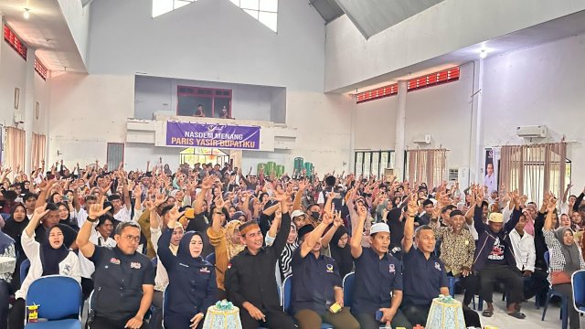 Rudianto Lallo beri Orasi politiknya di acara pengukuhan Spartan di Gedung Sipitangarri Jeneponto, Minggu 04/02/2024 (Dedi/sulselsatu)