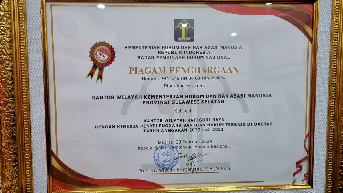 Kanwil Kemenkumham Sulsel Raih Kinerja Penyelenggara Bantuan Hukum Terbaik Tahun 2022-2023