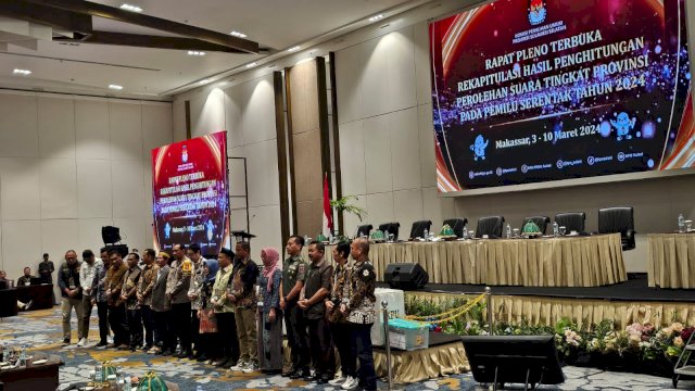 Rapat Pleno Terbuka Rekapitulasi Hasil Penghitungan Suara tingkat provinsi Sulawesi Selatan oleh Komisi Pemilihan Umum (KPU) Sulsel dimulai hari ini, 3 hingga 10 Maret 2024. Foto/Sulselsatu