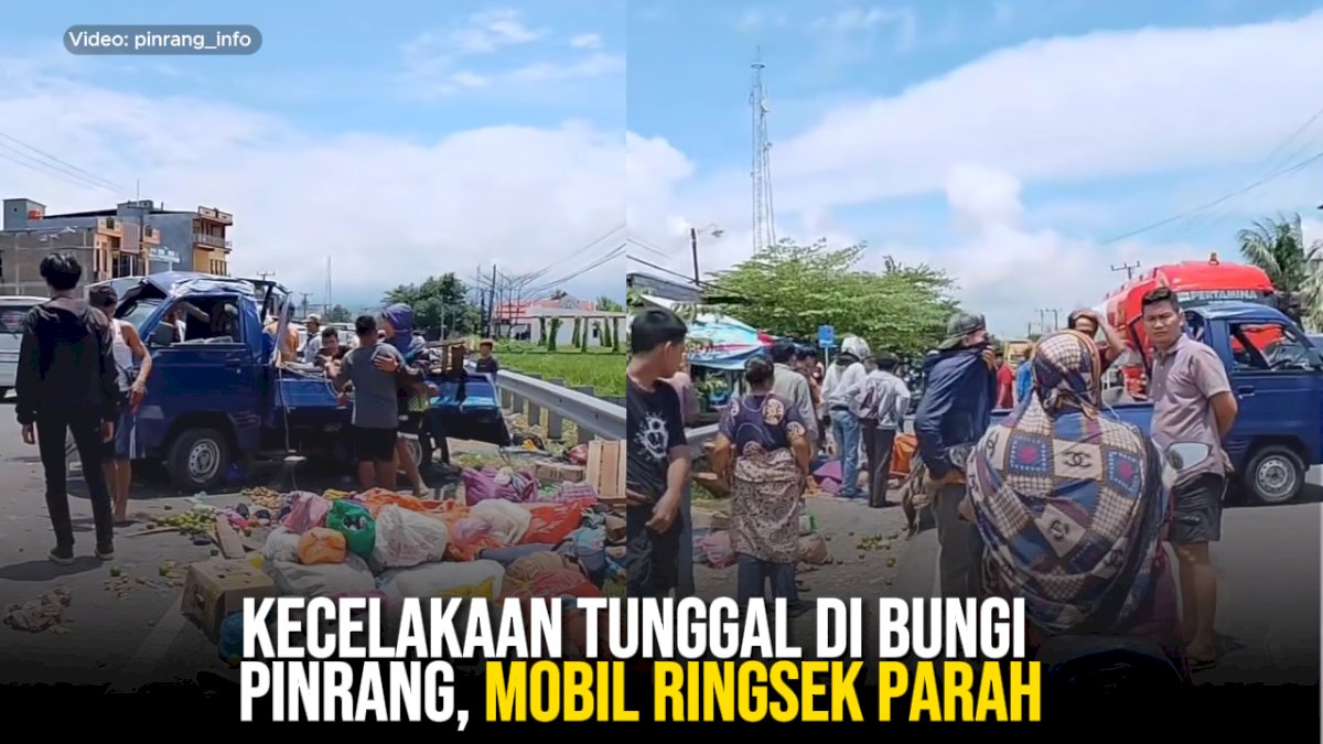 VIDEO: Kecelakaan Tunggal di Bungi Pinrang, Mobil Ringsek Parah