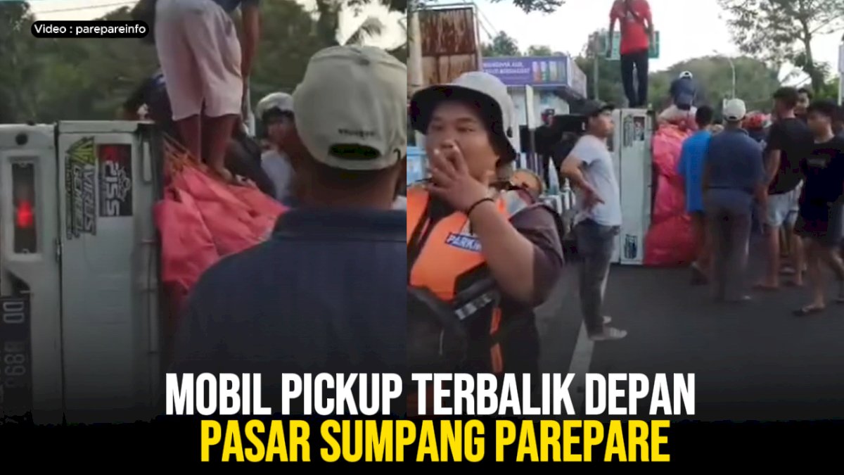 VIDEO: Mobil Pickup Terbalik Depan Pasar Sumpang Parepare
