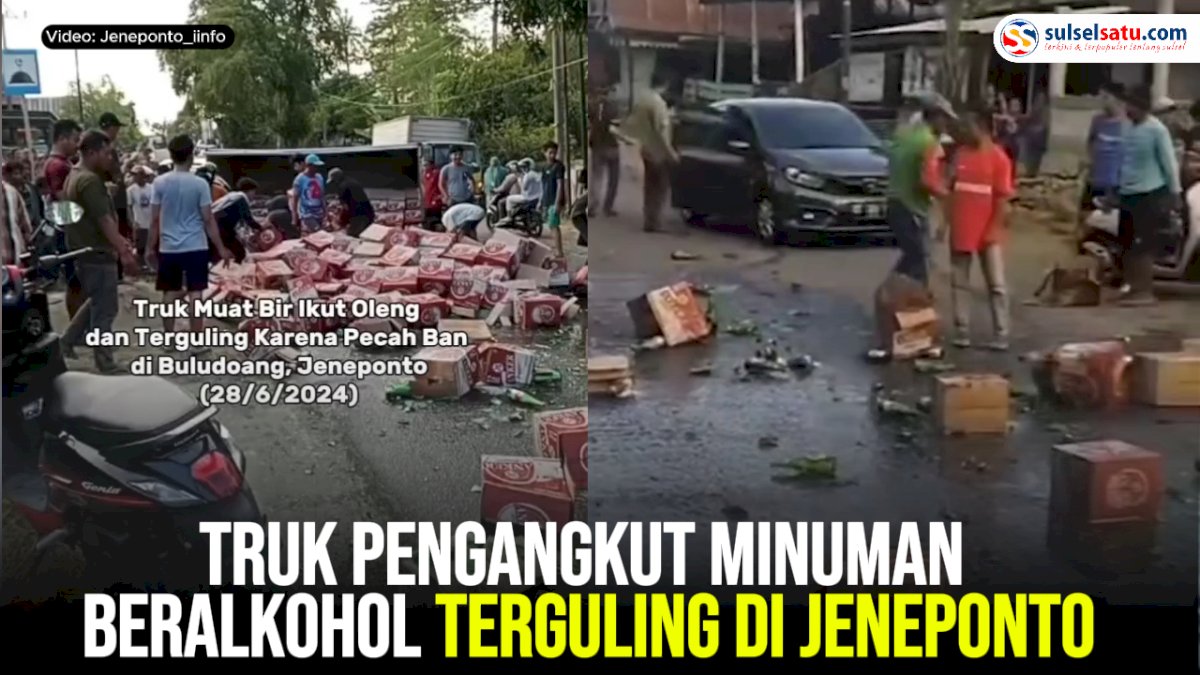 VIDEO: Truk Pengangkut Minuman Beralkohol Terguling di Jeneponto