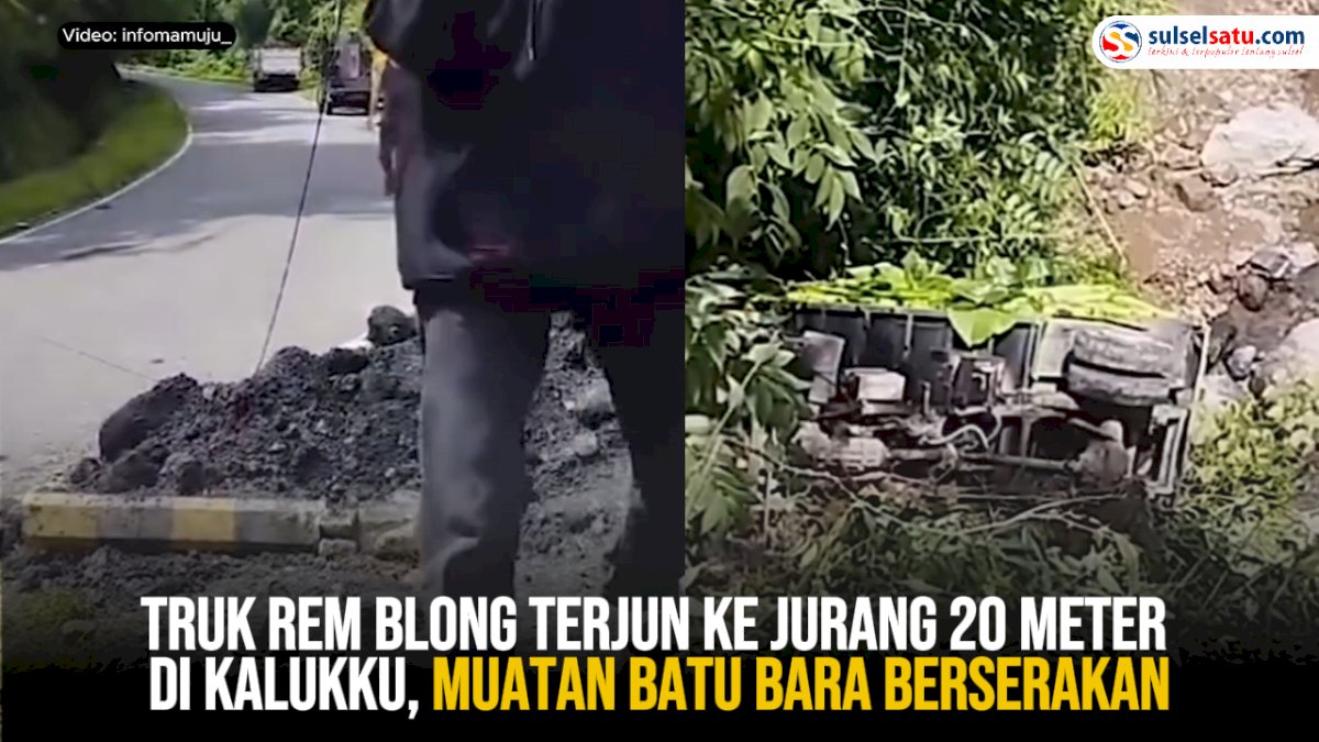 VIDEO: Truk Rem Blong Terjun ke Jurang 20 Meter di Kalukku, Muatan Batu Berserakan