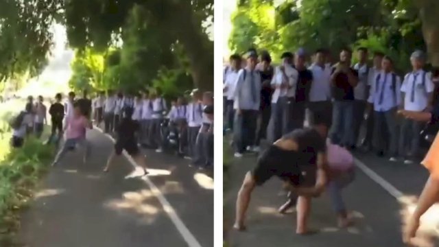 Tangkapan Layar video 2 pelajar SMA di Je'neponto duel ditengah jalan viral di sosial media (Int)