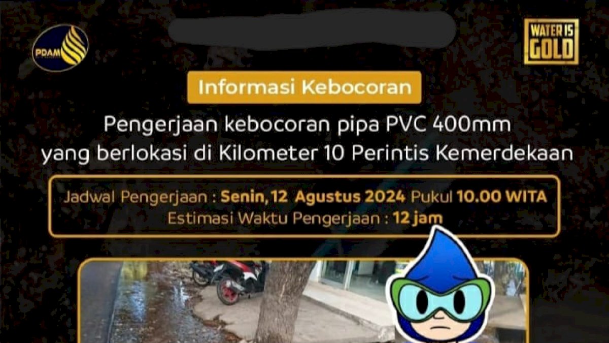 Pipa PDAM Makassar di Perintis Kemerdekaan Bocor: Debit Air Akan Berkurang Selama Perbaikan