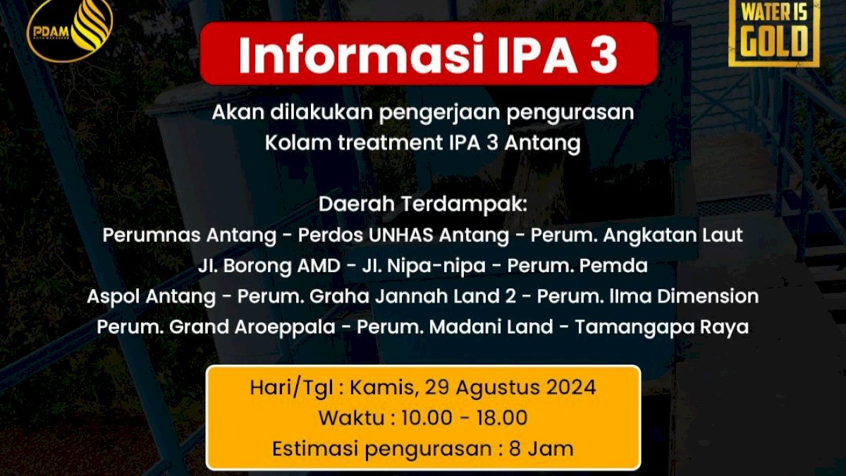 PDAM Kuras Kolam Treatment IPA 3, Ini Daerah yang Akan Terdampak
