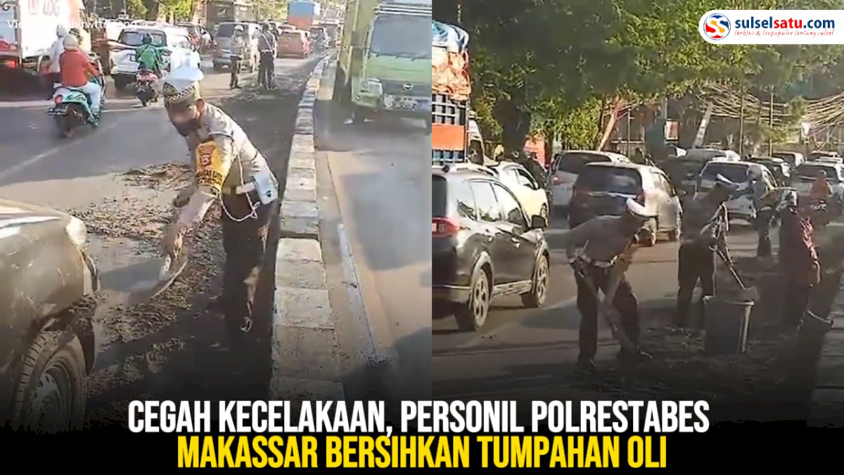 VIDEO: Cegah Kecelakaan, Personil Polrestabes Makassar Bersihkan Tumpahan Oli