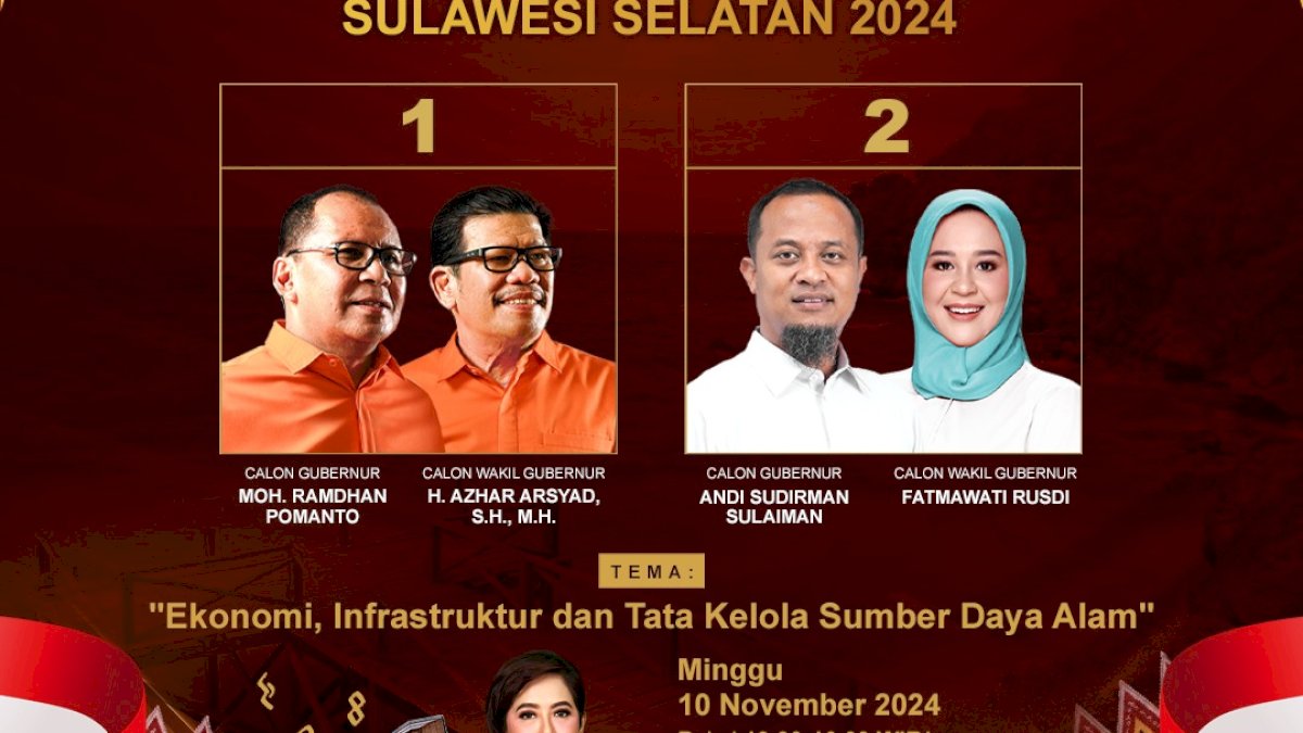 Digelar Hari Ini, Debat Kedua Pilgub Sulsel Bicara Soal Ekonomi, Infrastruktur Hingga Tata Kelola SDA