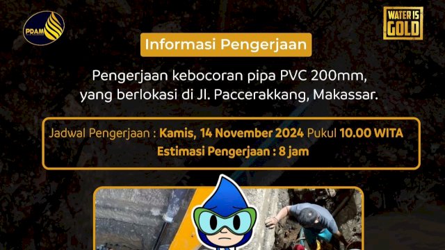 Pengumuman kebocoran PDAM Makassar. Foto: Istimewa.