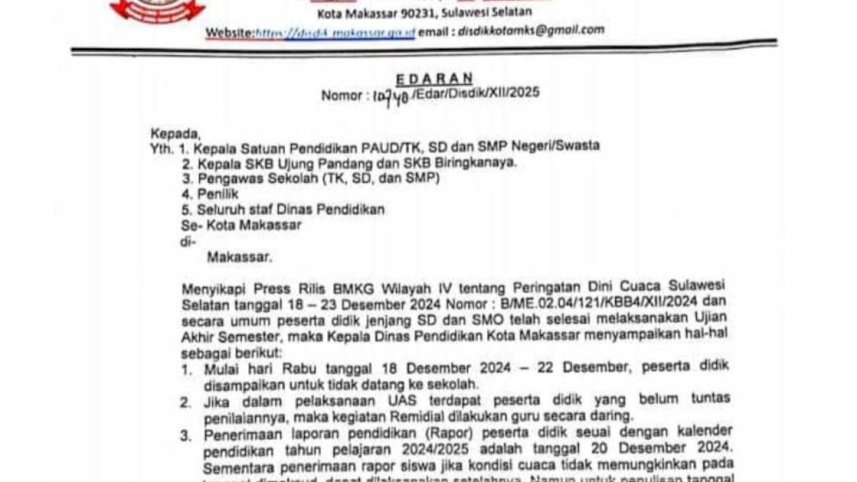 Disdik Makassar Liburkan Siswa Imbas Peringatan Dini Cuaca BMKG