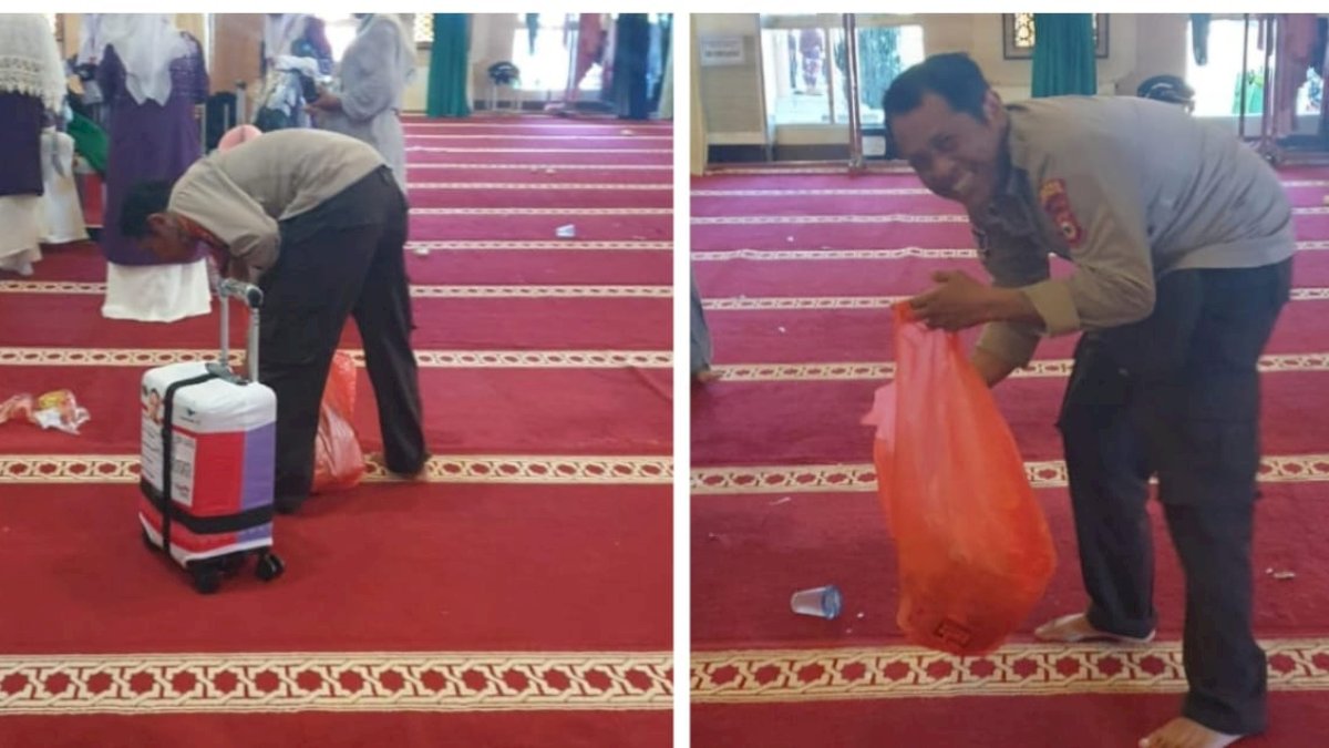 Usai Pengamanan, Personel Polres Jeneponto Spontan Bersihkan Sampah di Masjid Agung