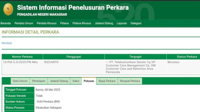Tangkapan layar putusan PN Makassar. Foto: Istimewa.