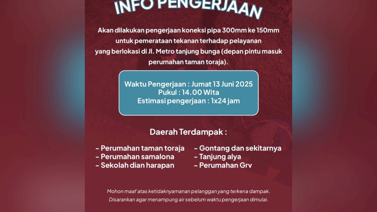 PDAM Makassar Akan Lakukan Pengerjaan Koneksi Pipa di Metro Tanjung Bunga, Warga Diimbau Menampung Air