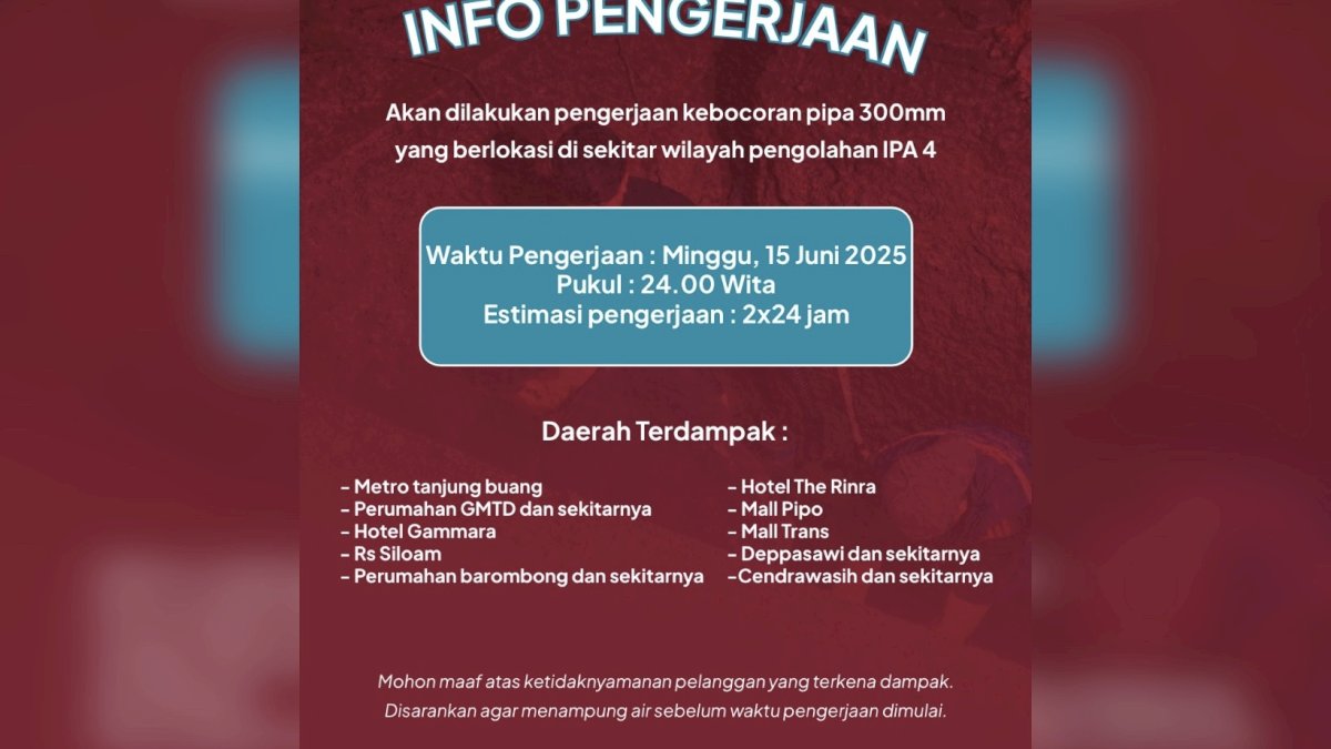 Perbaikan Pipa di Sekitar Instalasi IPA 4, PDAM Imbau Warga Menampung Air