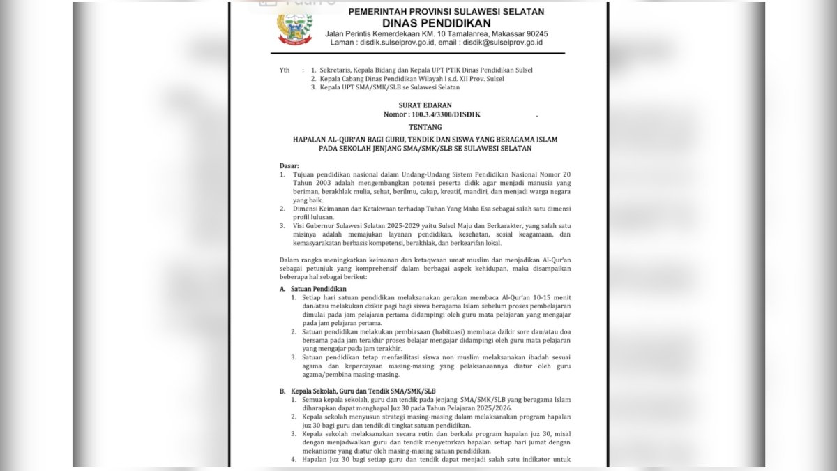 Disdik Sulsel Terbitkan SE, Wajibkan Hafalan Juz 30 bagi Guru dan Siswa Muslim