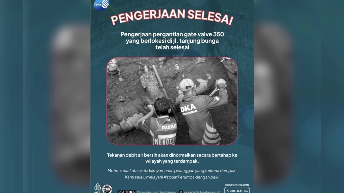 PDAM Makassar Rampungkan Penggantian Gate Valve 300 mm di Metro Tanjung Bunga, Layanan Air Kini Lebih Stabil