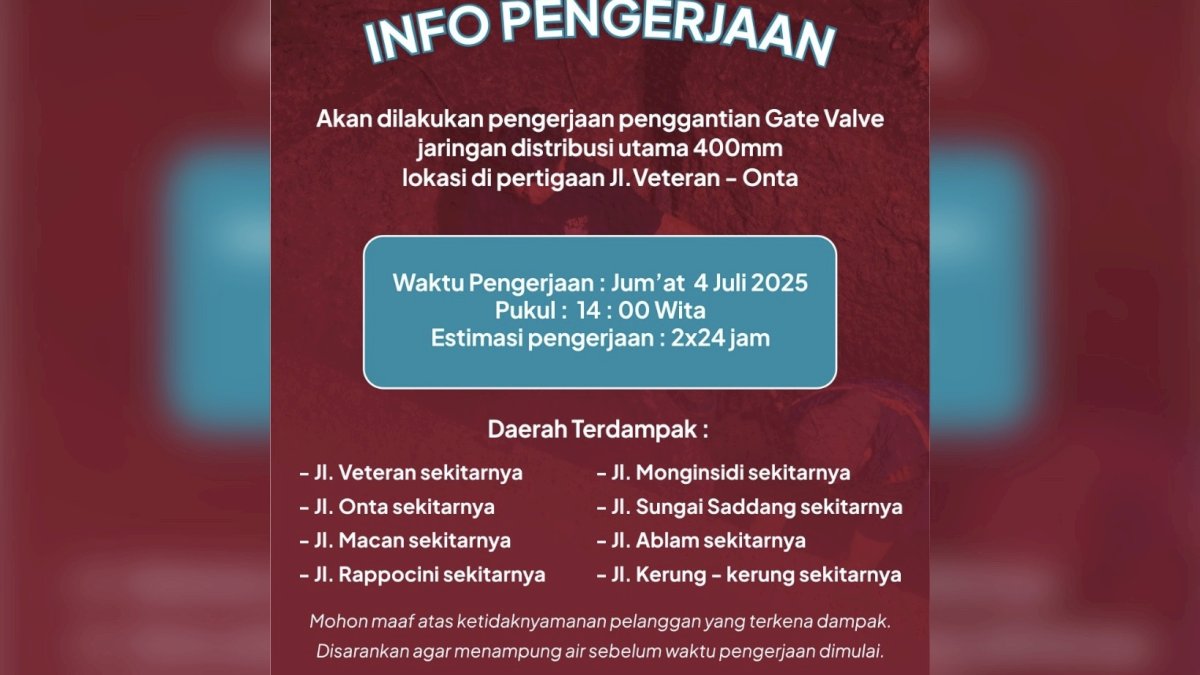 Perbaikan Jaringan Utama di Jalan Veteran-Onta, PDAM Makassar Imbau Warga Tampung Air