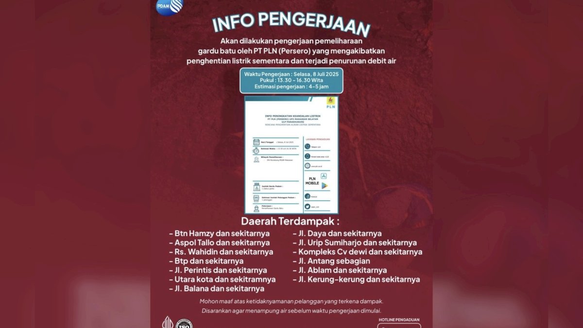 Pemeliharaan Gardu PLN, PDAM Makassar Umumkan Penurunan Debit Air di Sejumlah Wilayah