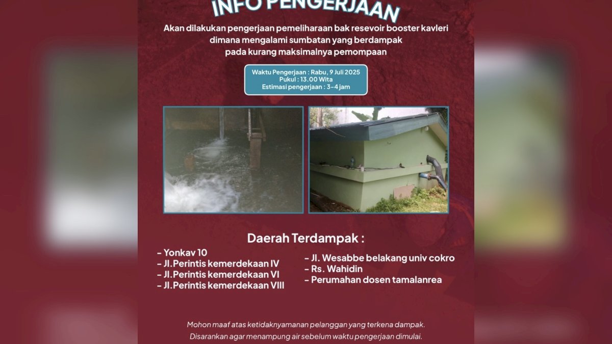 Pemeliharaan Reservoir Booster Kavleri, Suplai Air PDAM Makassar Terganggu di 7 Lokasi