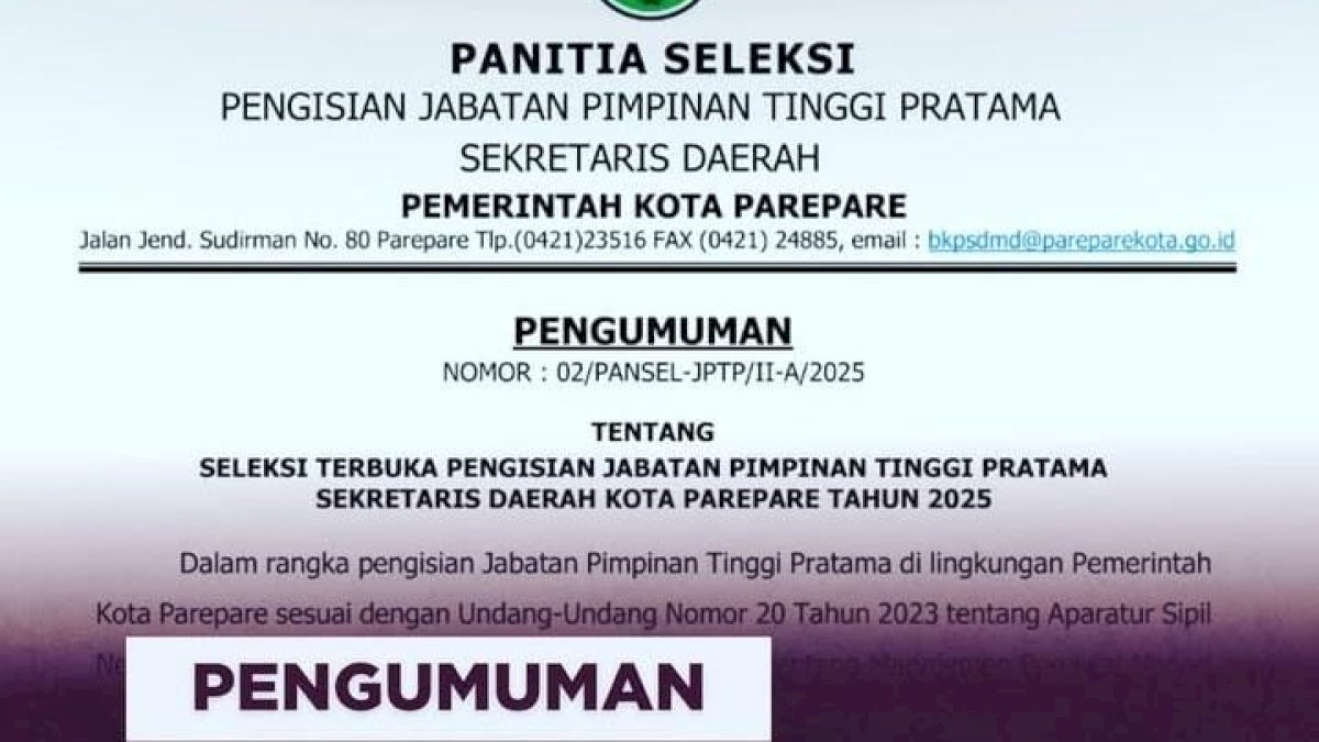 Pemkot Parepare Buka Seleksi Terbuka Calon Sekda