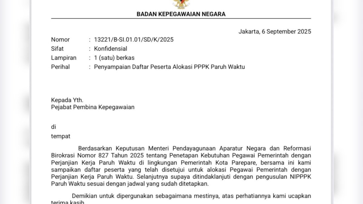Pemkot Parepare Terima 1020 Alokasi PPPK Paruh Waktu Tahun 2025