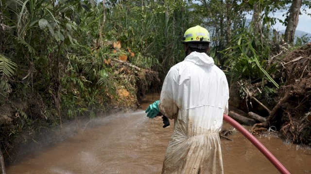 Pemulihan area tumpahan pipa minyak di Towuti. Foto: Istimewa. 