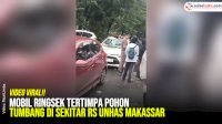 VIDEO: Mobil Ringsek Tertimpa Pohon Tumbang di Sekitar RS Unhas Makassar