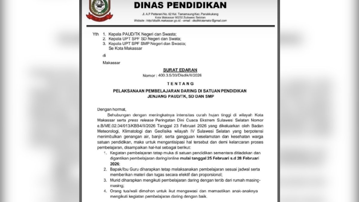 Antisipasi Cuaca Buruk, Disdik Makassar Keluarkan SE Belajar dari Rumah