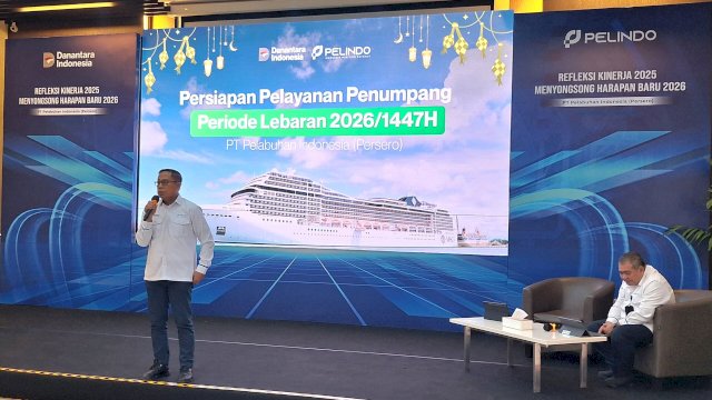 Executive Director 4 PT Pelabuhan Indonesia (Persero) Regional 4 Abdul Azis saat konferensi pers persiapan mudik lebaran 2026. Foto: Istimewa.