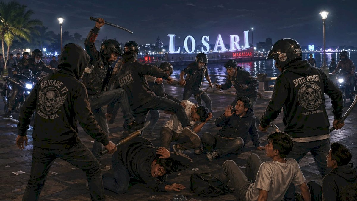 Berulah Lagi, Geng Motor Keroyok Remaja Lagi Nongkrong di Pantai Losari Makassar