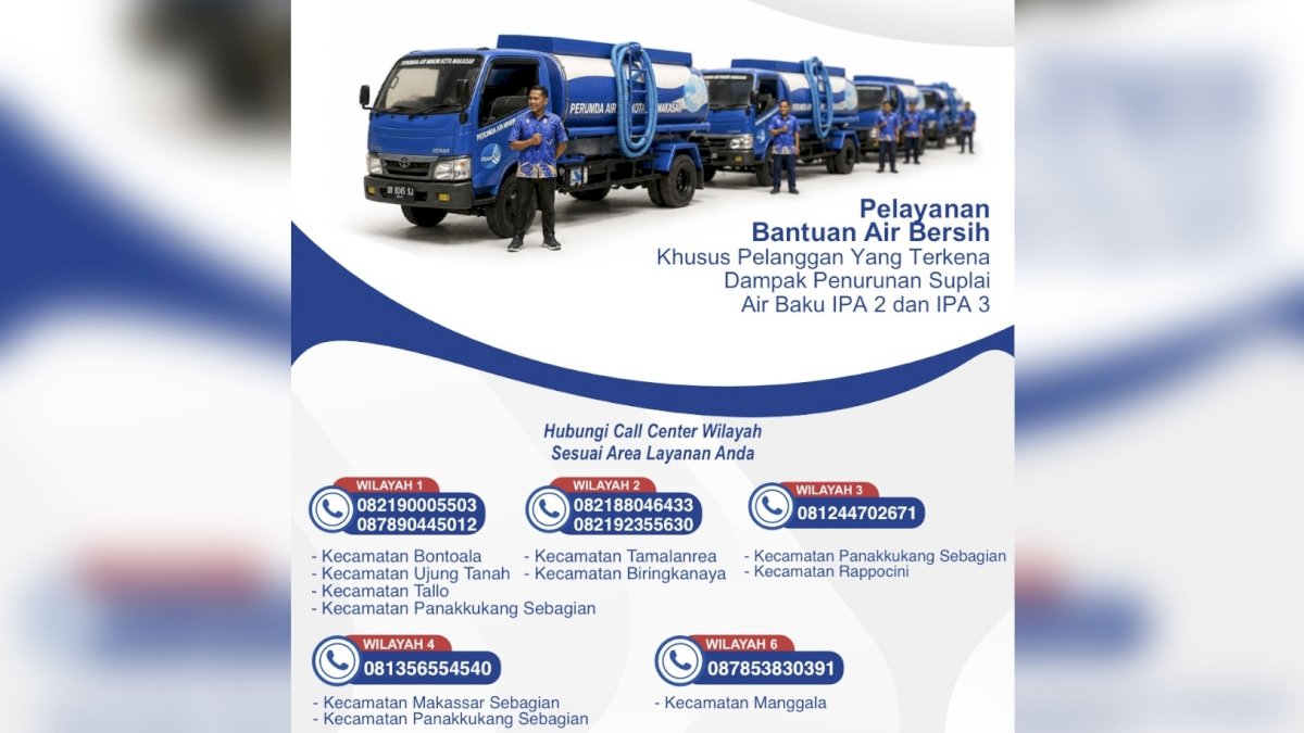 Perumda Air Minum Makassar Siagakan Mobil Tangki Gratis untuk Layani Pelanggan Terdampak Penurunan Suplai Air Baku