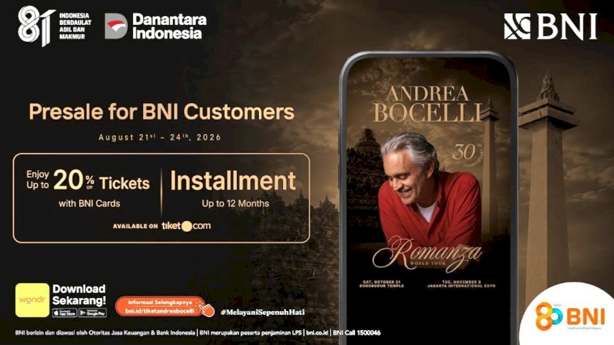 BNI Buka Presale Eksklusif Tiket Andrea Bocelli, Diskon hingga 20 Persen